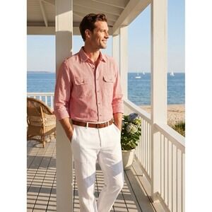 Gap Mens XL Red White Stripe Shirt Cotton Linen Blend Button Front Slim Fit